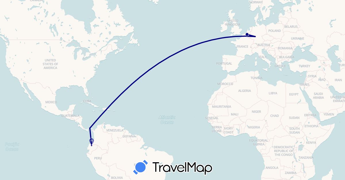 TravelMap itinerary: driving in Belgium, Germany, Ecuador, Panama (Europe, North America, South America)