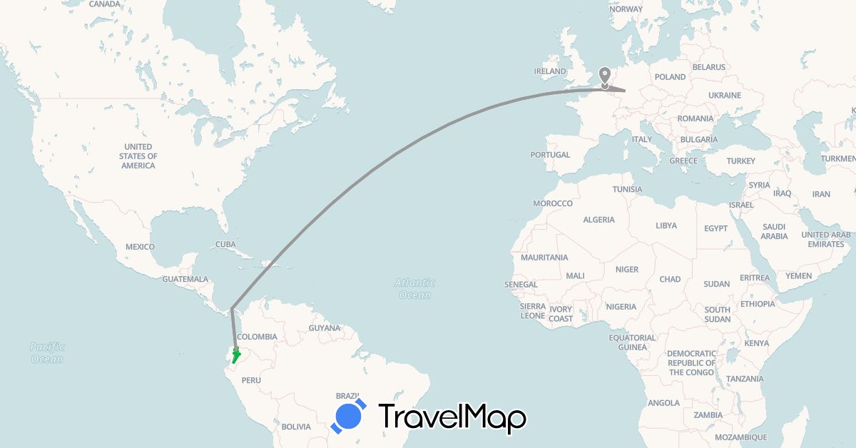 TravelMap itinerary: driving, bus, plane in Belgium, Germany, Ecuador, Panama (Europe, North America, South America)